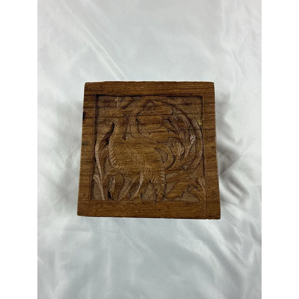 Vintage Hand Carved Wood Peacock Trinket Box Jewelry Storage Hinged Lid India